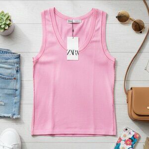 Zara Pink Ribbed Tank Top with Contrast Trim - Medium